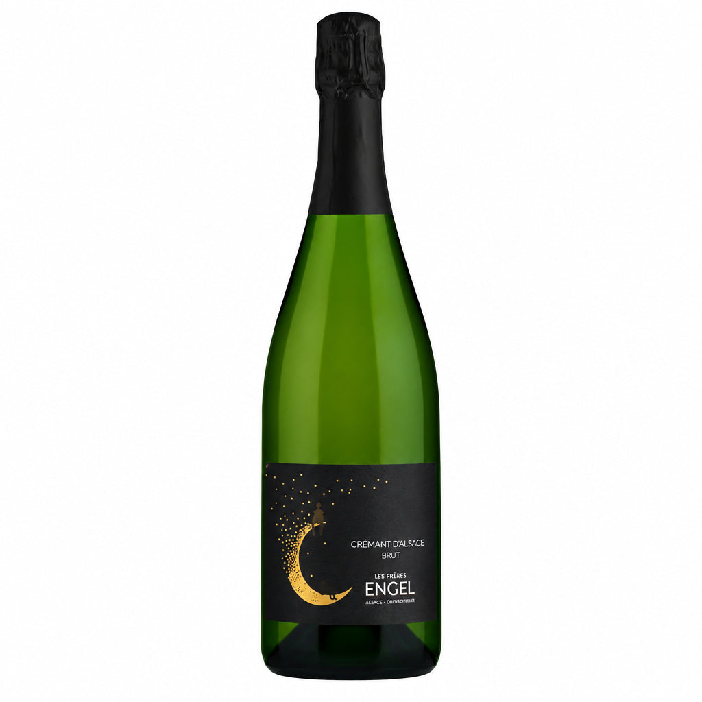 Les Freres Engels Cremant d'Alsace Extra Brut Blanc sparkling wine bottle with gold foil and elegant label.