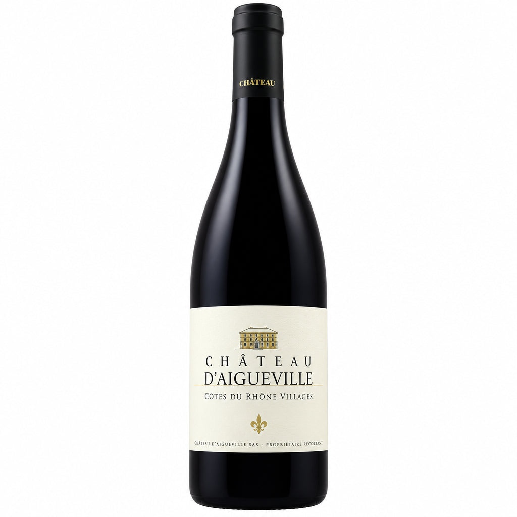 Chateau Chateau D'aigueville Cotes du Rhone Organic Rouge wine bottle with label, dark glass, and cork in a natural setting