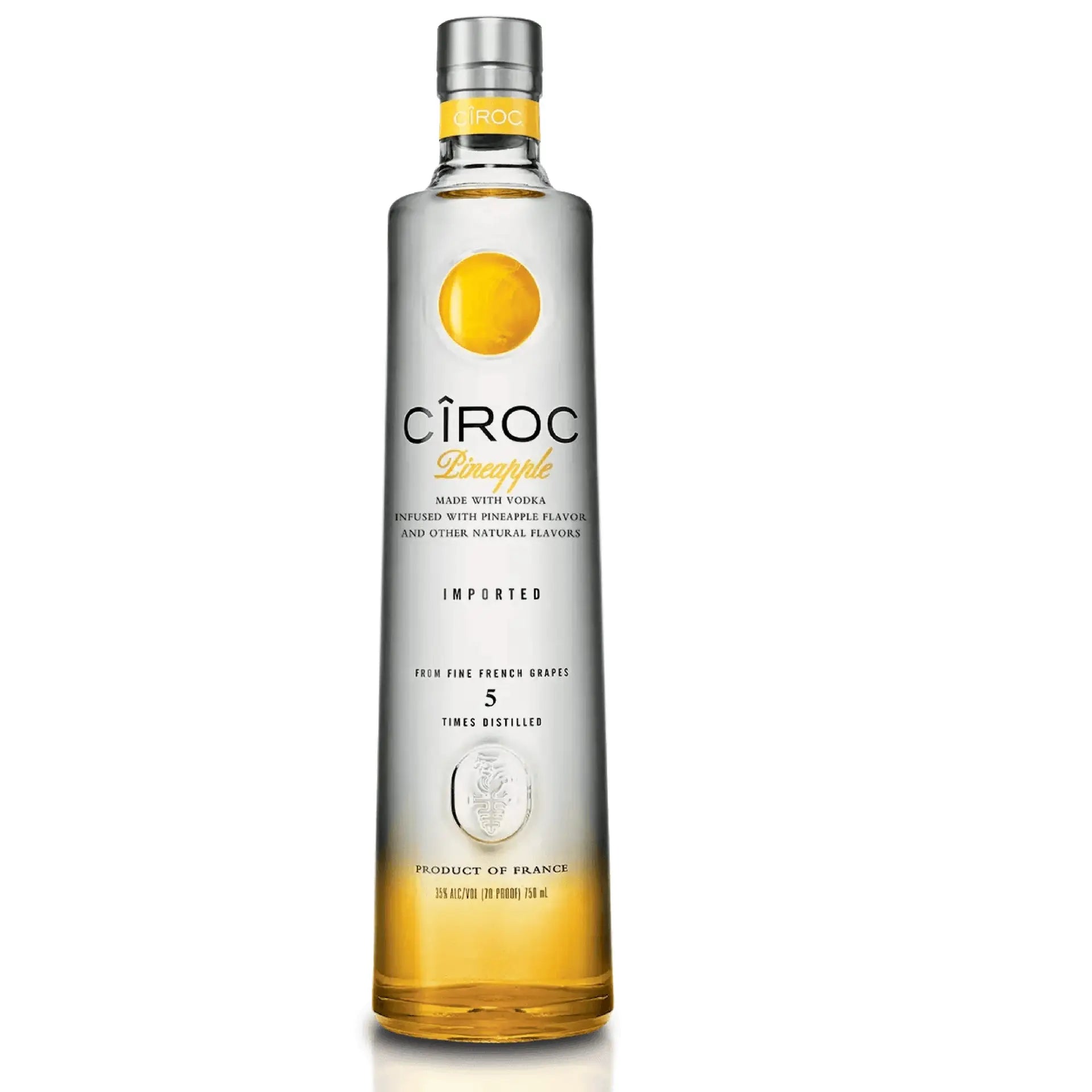 buy Ciroc Pineapple vodka bottle, clear glass with yellow accents, spirit infused with pineapple flavor