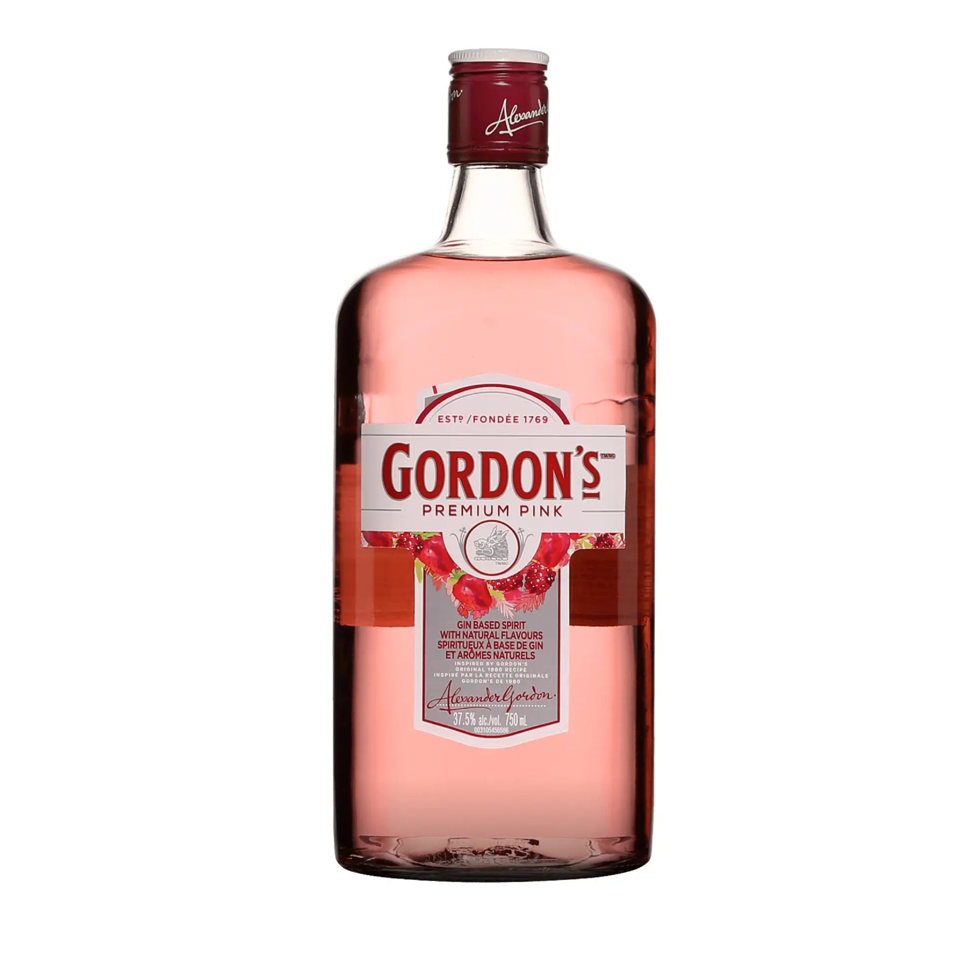 buy Gordon's Premium Pink gin 750ml bottle, pink gin with fruit illustrations on label