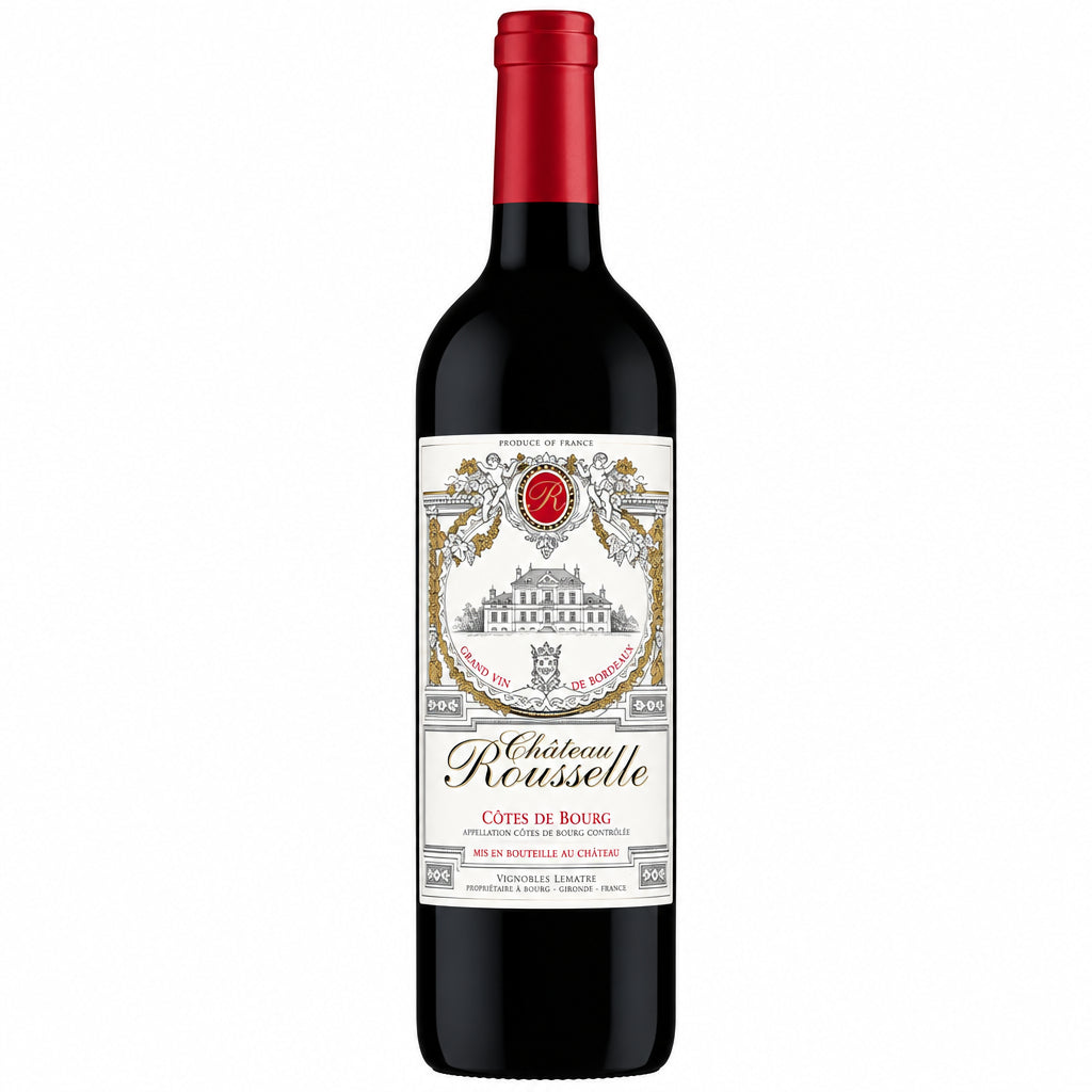 Chateau Rousselle Cotes de Bourg red wine bottle with label, showcasing deep burgundy color and elegant branding.