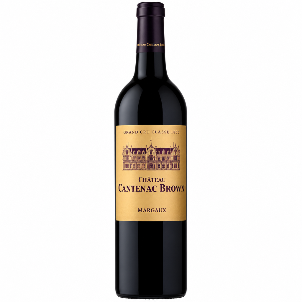 Bottle of Chateau Cantenac Brown 2020 red wine with label visible, showcasing the elegant label and deep color of the wine.