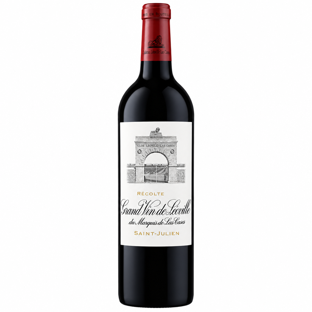 Chateau Leoville Las Cases 2022 red wine bottle with label featuring classic design and vintage year, placed on a white background.