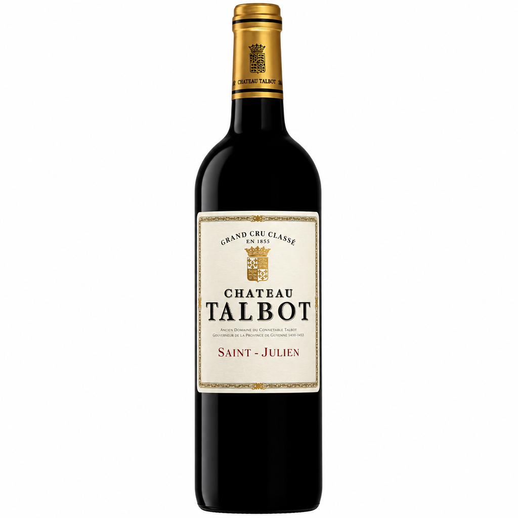 Bottle of Chateau Talbot 2020 red wine with label visible, placed on a wine cellar shelf.