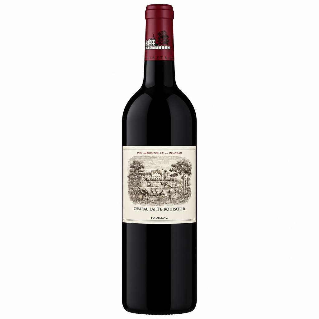 Chateau Lafite Rothschild 2003 red wine bottle with label, elegant glass bottle with gold accents and vintage label details.