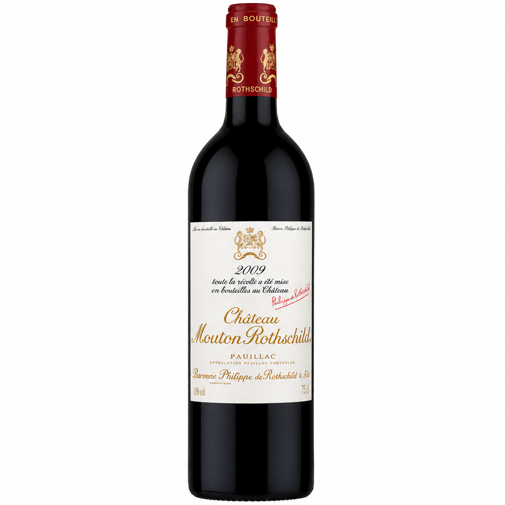 Bottle of Chateau Mouton Rothschild 2009 red wine with label visible in a clear glass bottle.