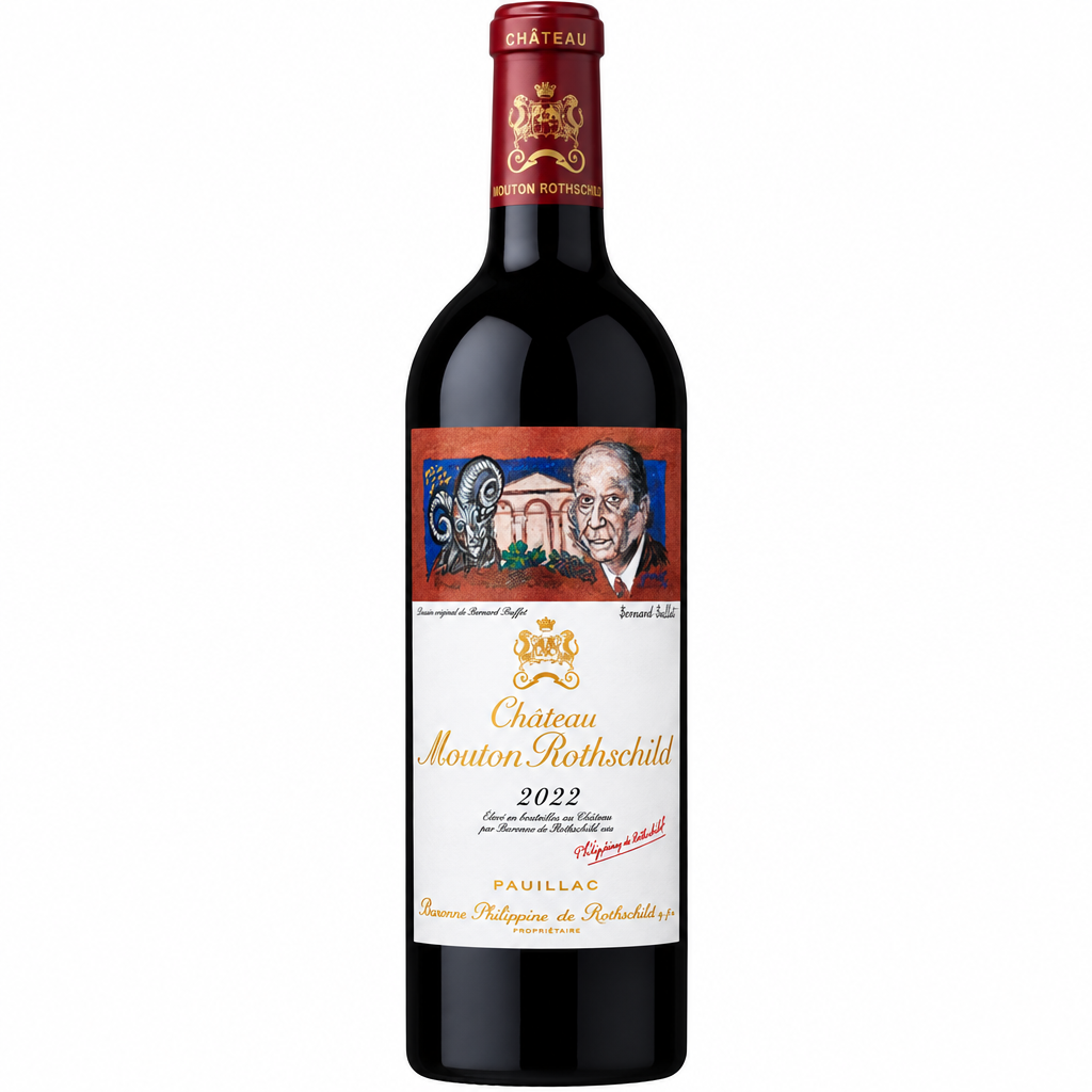 Chateau Mouton Rothschild 2022 wine bottle with label, featuring a dark glass bottle and elegant label design.