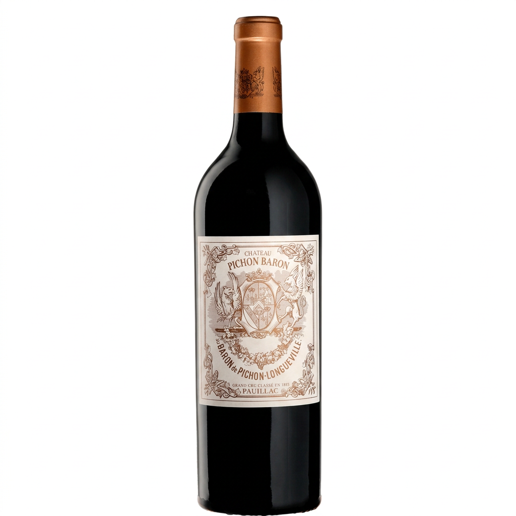 Chateau Pichon Baron 2017 wine bottle with label, dark glass and red foil, showcasing a premium Bordeaux red wine.
