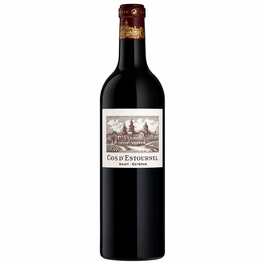 Bottle of Chateau Cos D'estournel 2019 red wine, featuring a dark glass bottle with a classic label and elegant design.