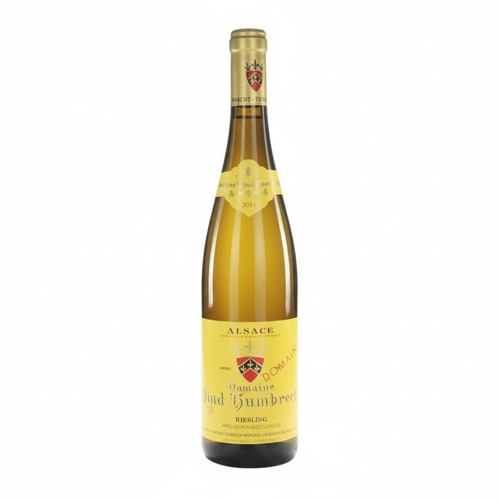 Domaine Zind Humbrecht Riesling Alsace wine bottle with label visible, showcasing elegant packaging and classic wine branding.