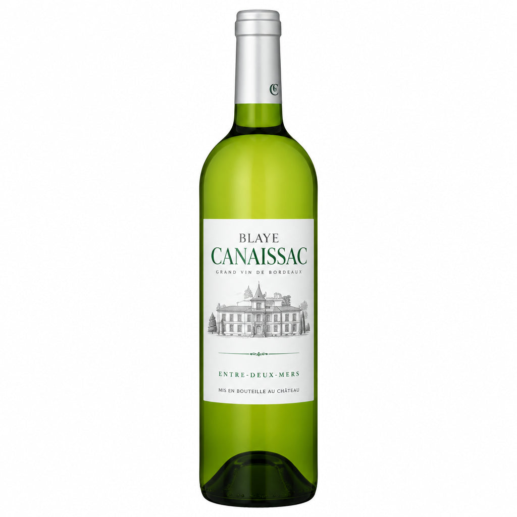 Chateau Camarsac White wine bottle with label, tall glass, and a wine glass filled with pale yellow white wine.