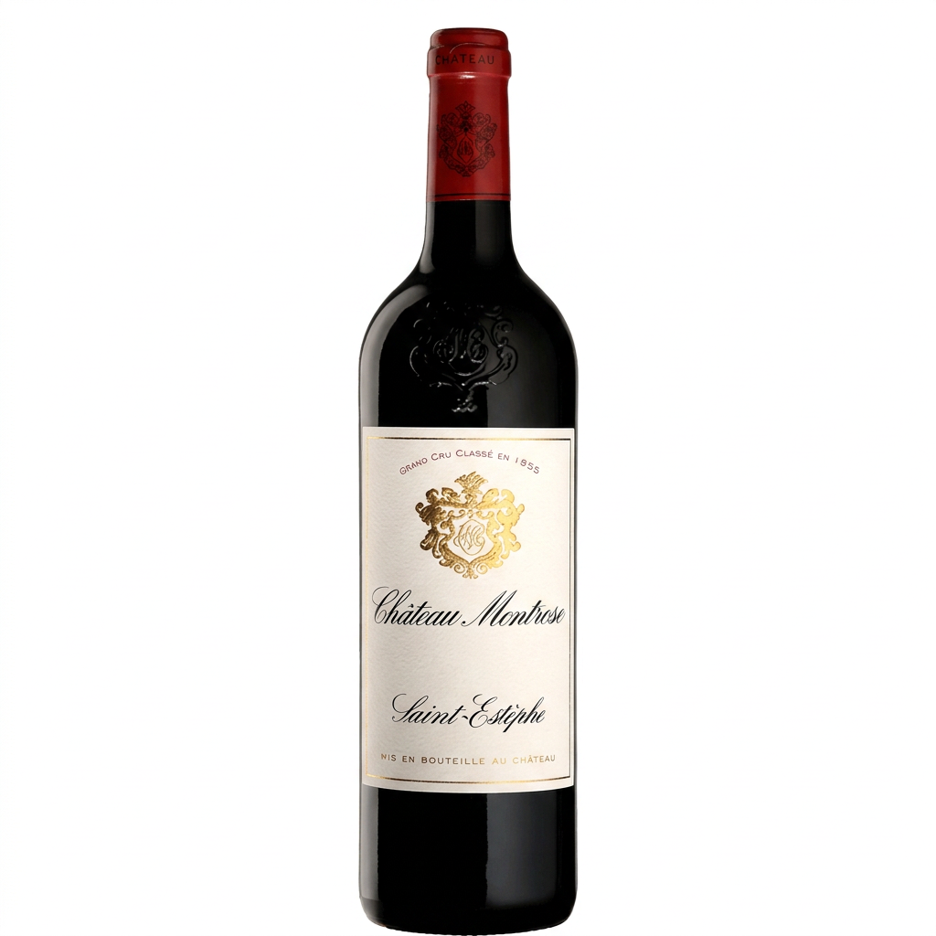 Bottle of Chateau Montrose 2021 red wine with label visible, displayed on a neutral background.