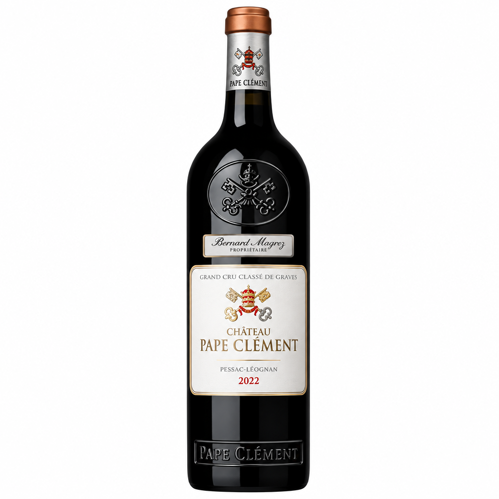 Chateau Pape Clement 2022 vintage wine bottle with label, featuring deep red color and elegant wine cork in a close-up shot.