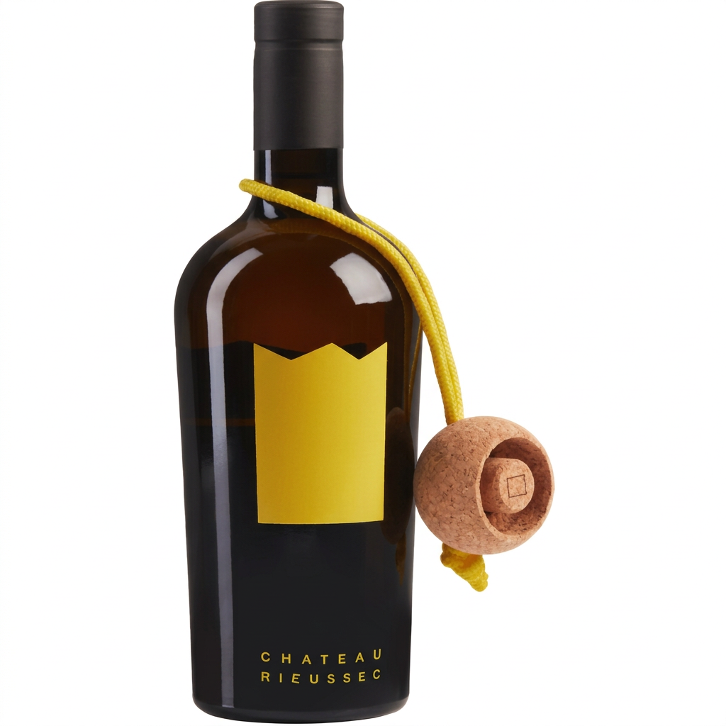 Chateau Rieussec 2021 white wine bottle with elegant label and foil capsule on a white background.