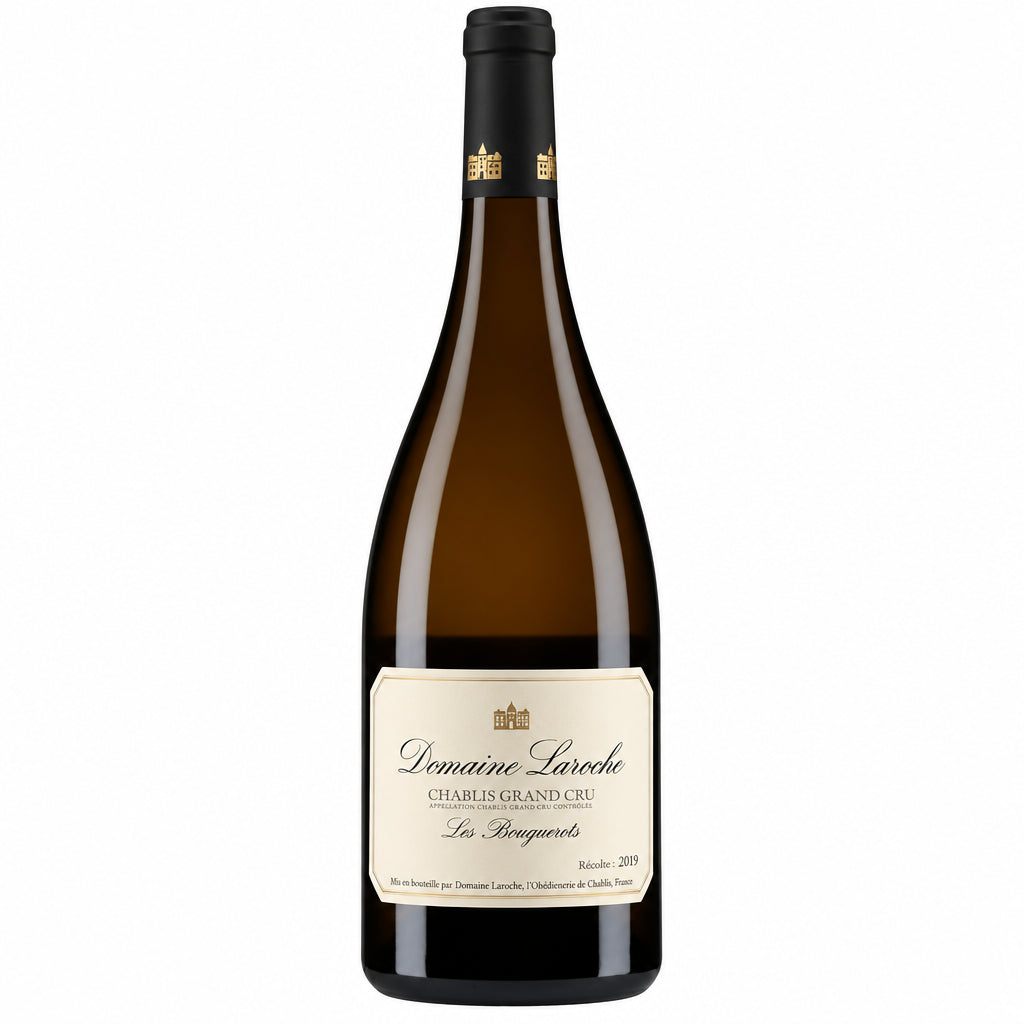 Domaine Laroche Les Bouguerots Chablis Grand Cru wine bottle with label visible on a white background.