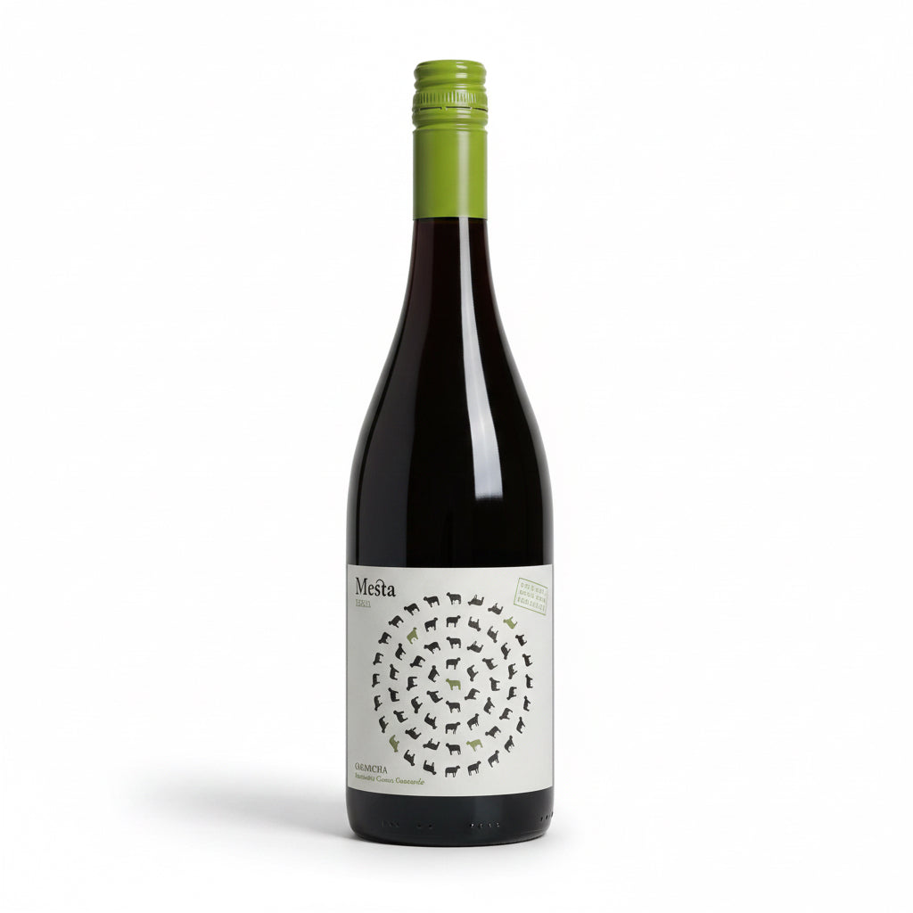 Bottle of Mesta Garnacha red wine in a 750mL bottle, featuring a dark glass and label with red and gold accents.