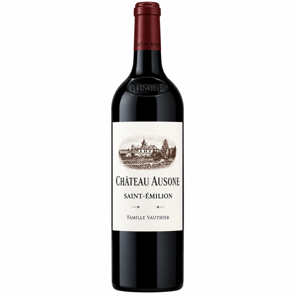 Chateau Ausone 2020 wine bottle with label, showcasing elegant design and classic Bordeaux wine branding.
