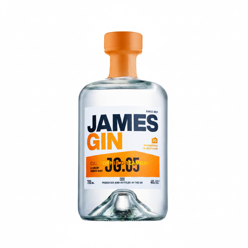 A 700 ml bottle of James Gin JG 05 gin with a clear glass body, white label, and bright orange cap, shown on a solid white background.