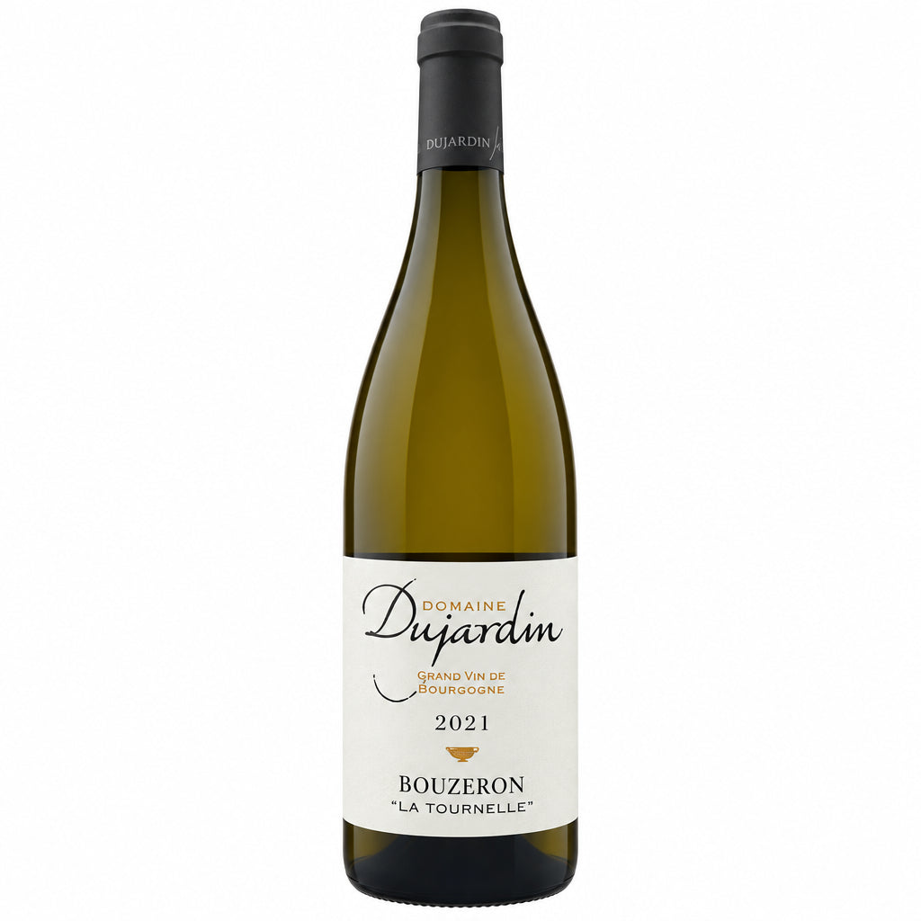 Domaine Dujardin Bouzeron La Tournelle white wine bottle with label and glass of wine on a wooden table