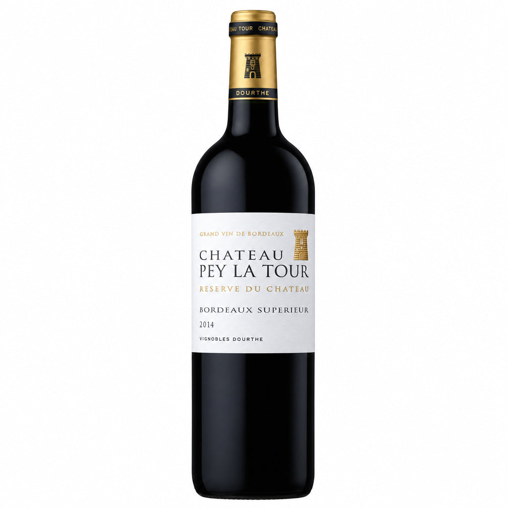 Bottle of Chateau De La Tour Reserve Du Chateau 2021 red wine with a dark label and cork, shown in a close-up view.