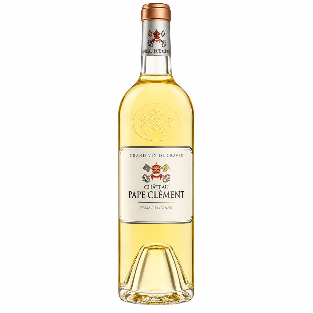 Bottle of Chateau Pape Clement Blanc 2022 white wine with a dark label and elegant glass, showcasing the premium wine presentation.