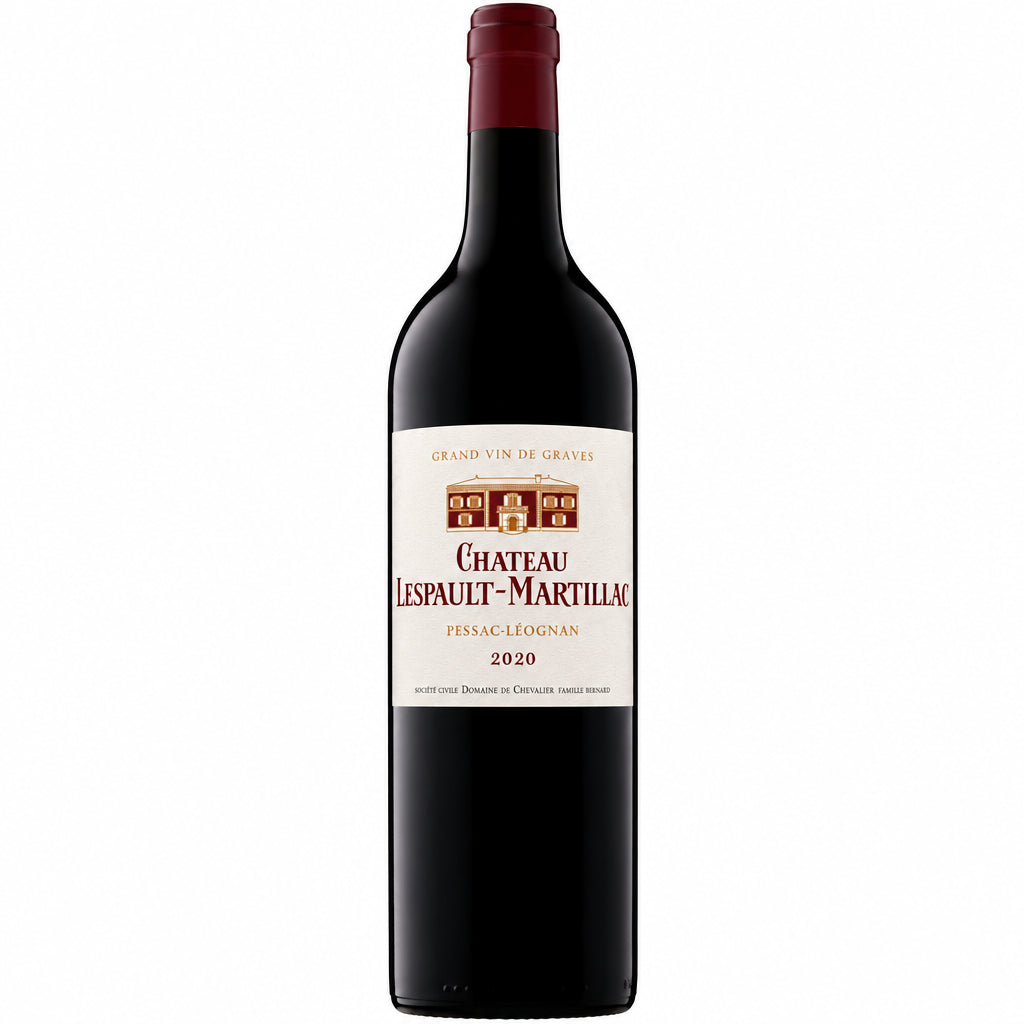 Bottle of Chateau Lespault-Martillac 2020 red wine with a red capsule and white label featuring the winery name and vintage.