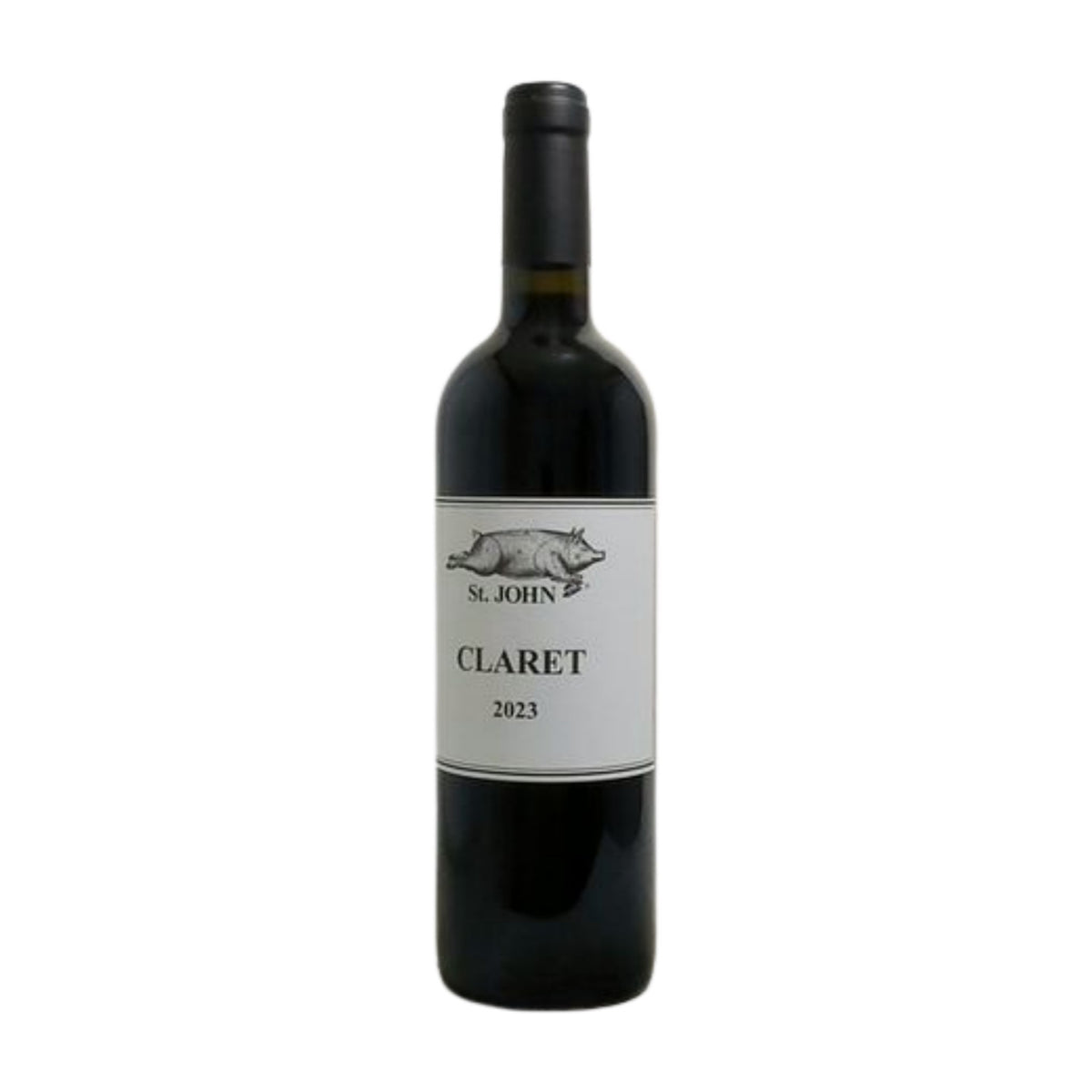 Bottle of St. John Claret wine with a label featuring elegant design and red and gold accents.