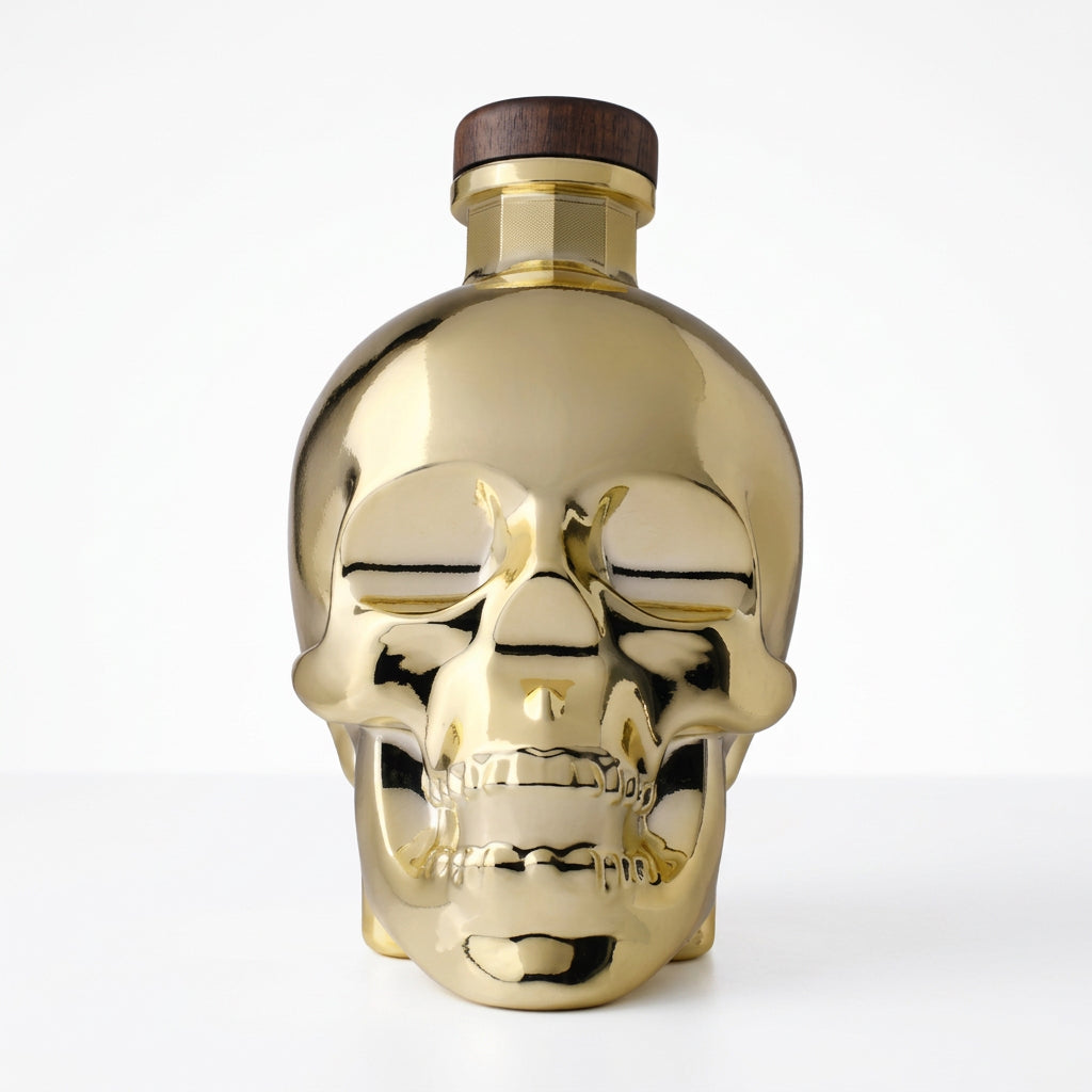 A metallic gold skull-shaped bottle with a dark brown wooden cap, shown against a plain white background.