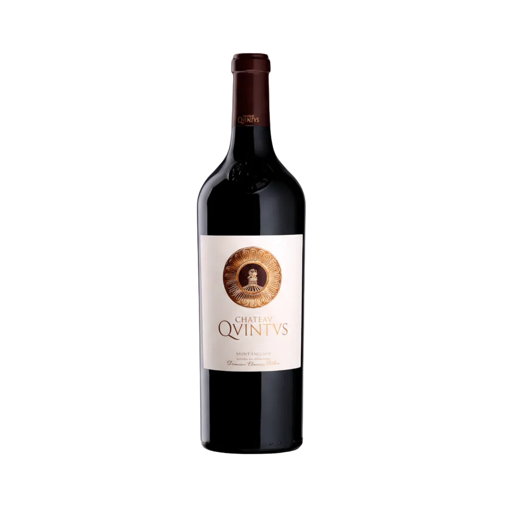 Chateau Quintus 2014 wine bottle with label and cork, showcasing a premium red wine from the Bordeaux region.