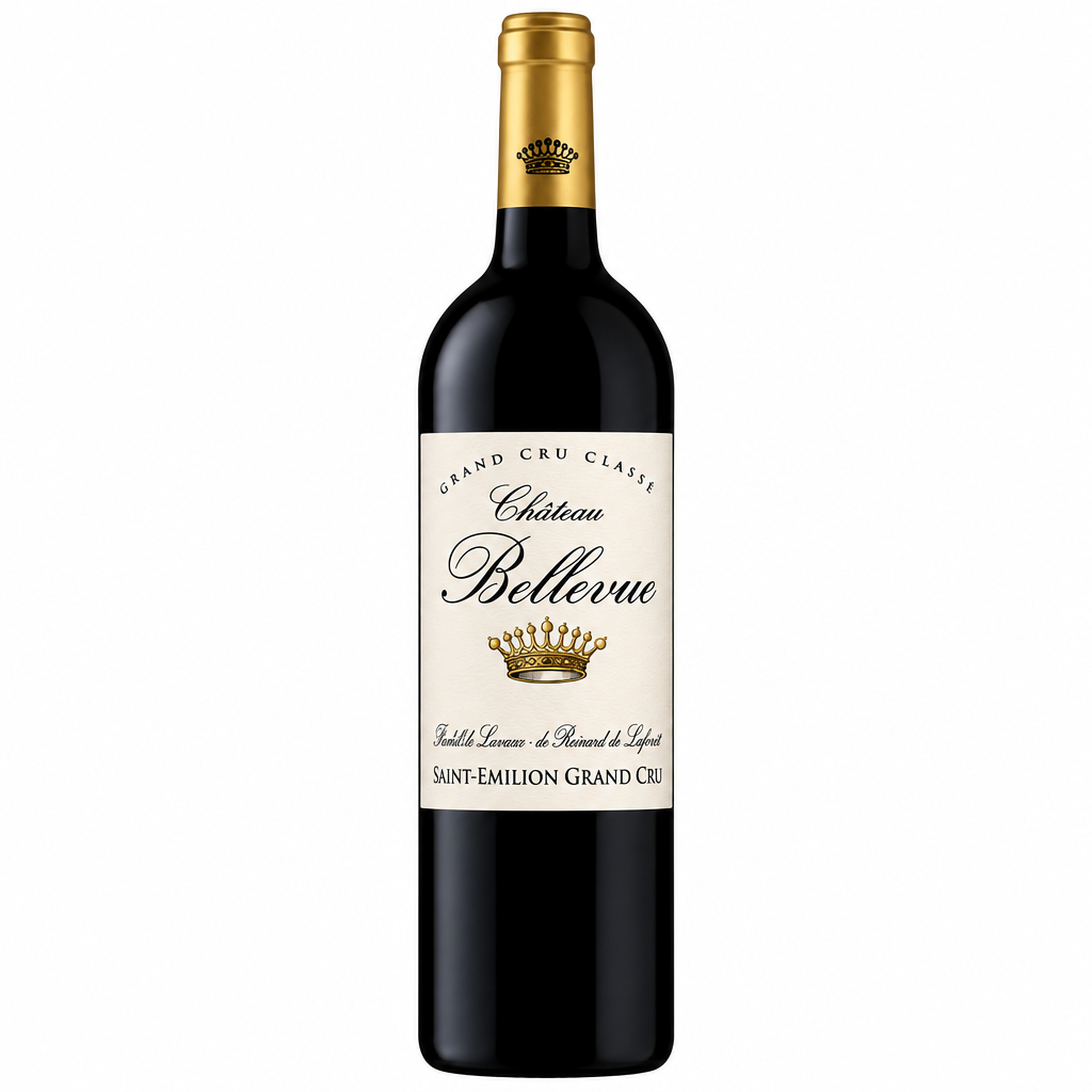 Bottle of Chateau Bellevue 2020 red wine displayed on a vineyard background with a white label and elegant bottle shape.