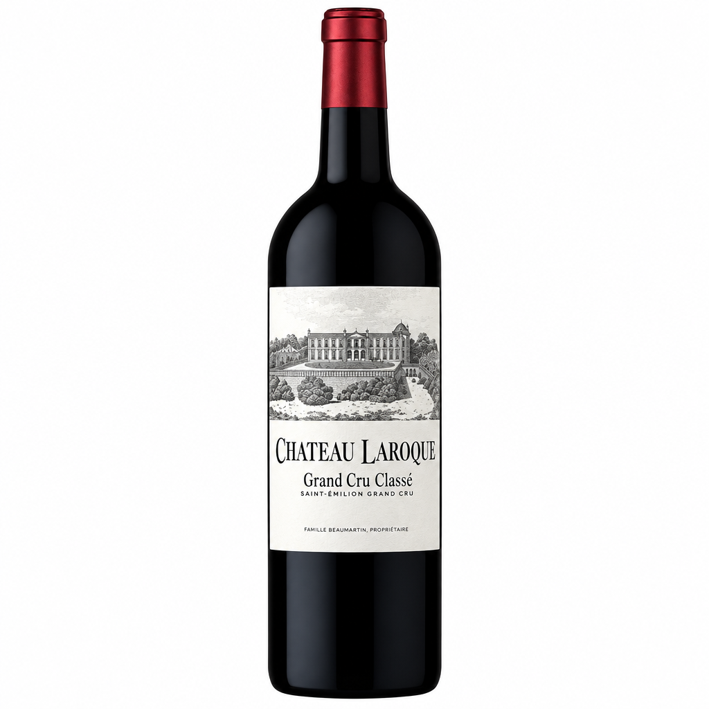 Chateau Laroque 2018 red wine bottle with label featuring elegant design and vineyard backdrop, showcasing a classic Bordeaux wine.
