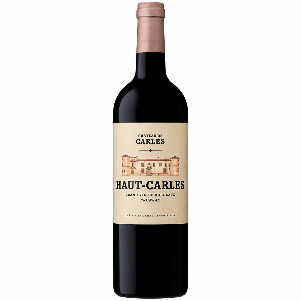 Chateau Haut Carles 2022 wine bottle with label featuring elegant design and vintage year on a neutral background.