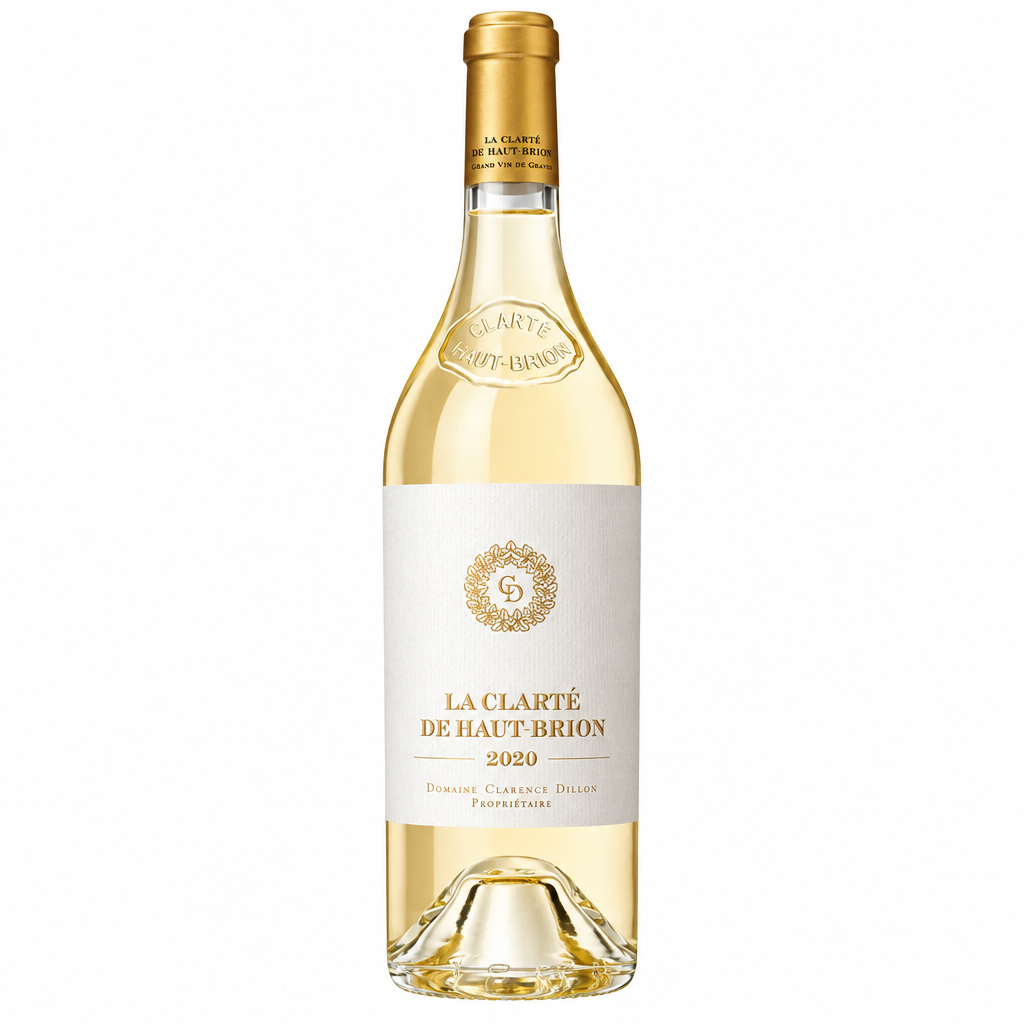Bottle of La Clarte De Haut Brion Blanc 2020 white wine with label visible, placed on a wooden surface.