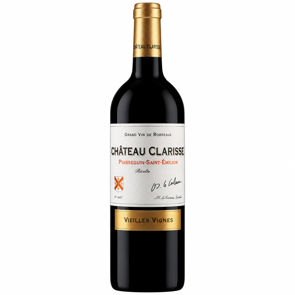 Bottle of Chateau Clarisse Vieilles Vignes 2015 red wine with a dark label and cork, displayed upright against a neutral background.
