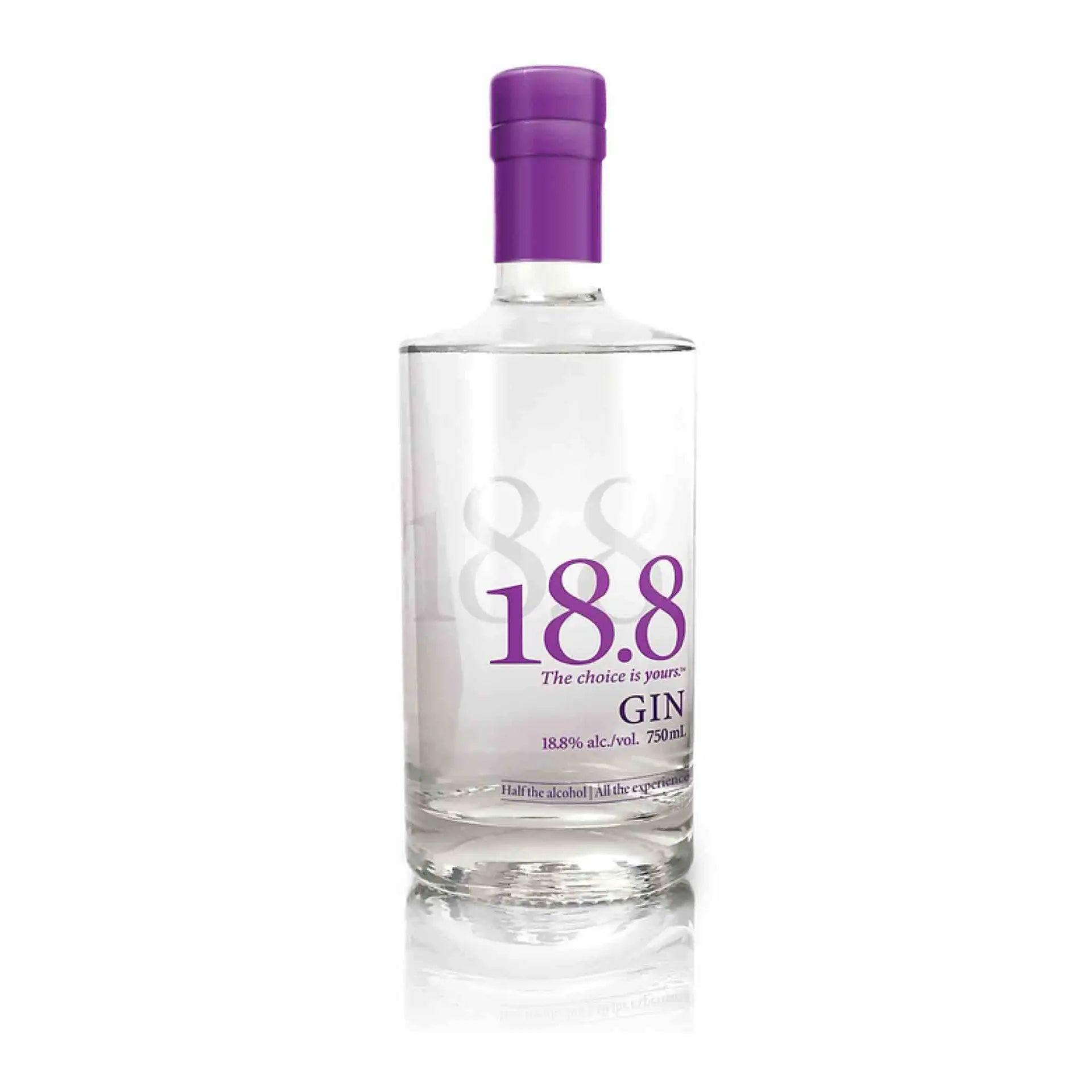 Buy 18.8 Gin 750mL clear bottle with purple cap and label, 18.8% alc/vol.