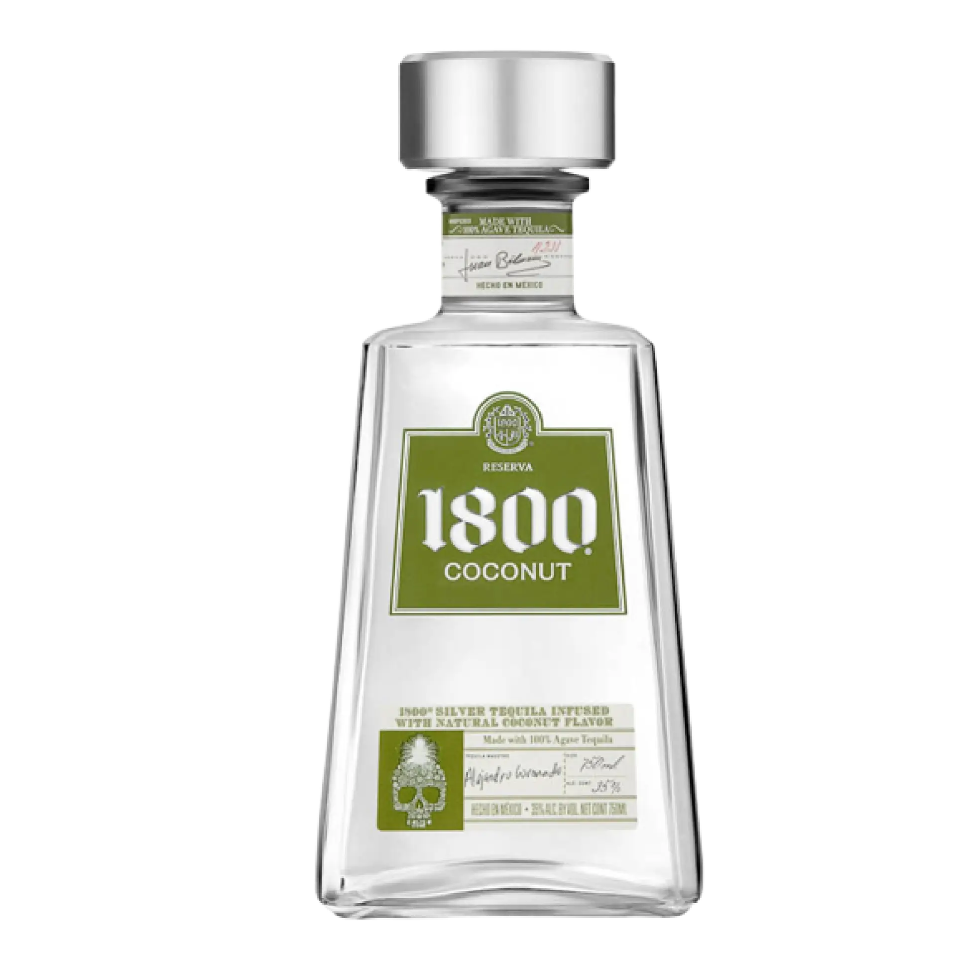 Buy 1800 Coconut Tequila 750mL silver tequila with natural coconut flavor, clear bottle.