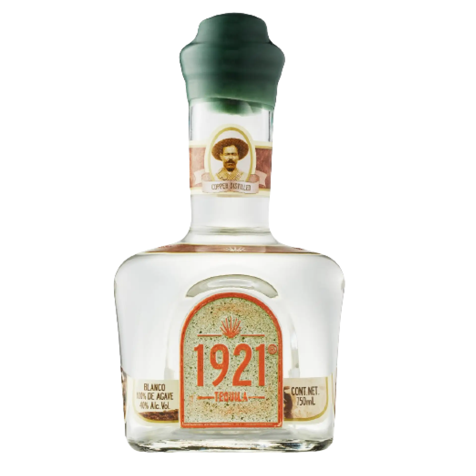 Buy 1921 Tequila Blanco 750mL, clear glass bottle with green cap and vintage label