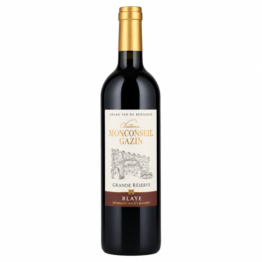 Bottle of Chateau Monconseil Gazin Grande Reserve red wine with label visible, featuring a dark glass bottle and elegant label design.