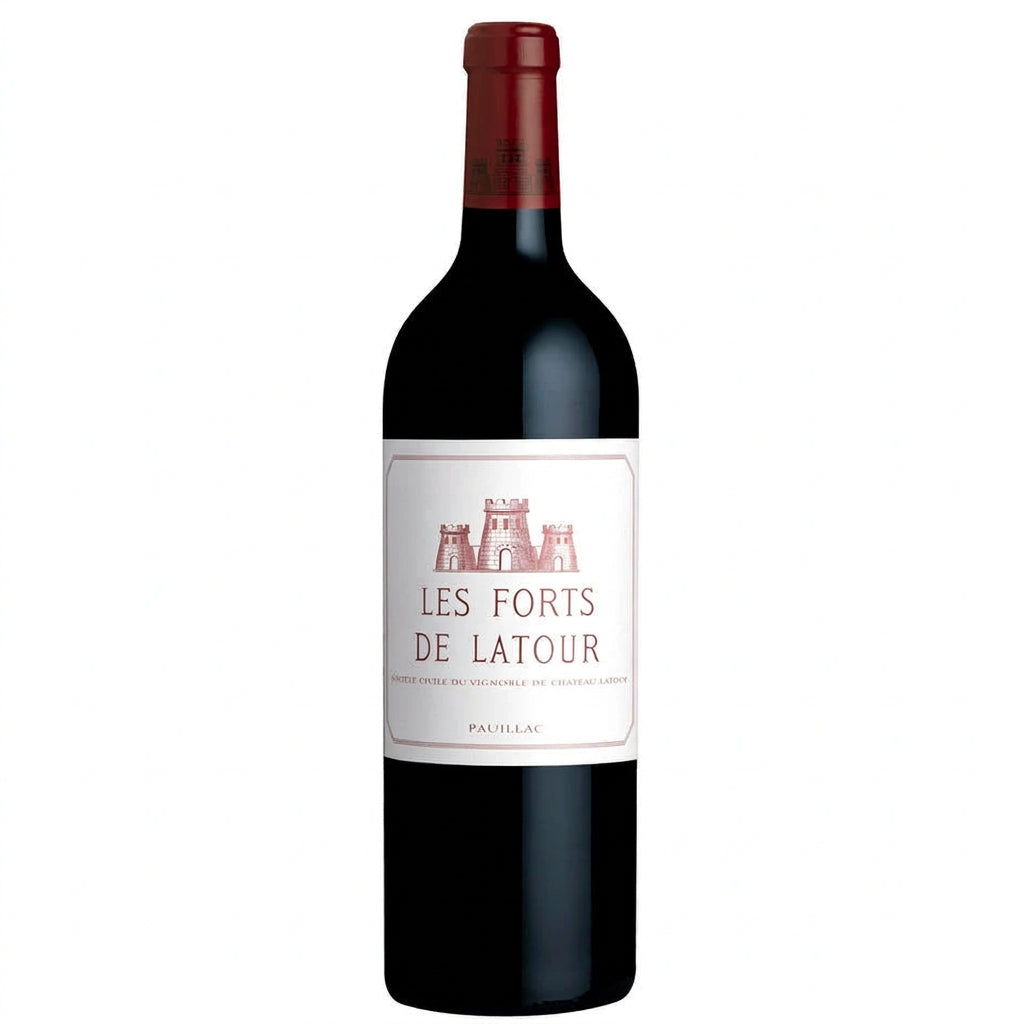 Bottle of Les Forts De Latour Pauillac 2011 wine from Les, showing the label on a dark glass bottle with a red wax capsule.