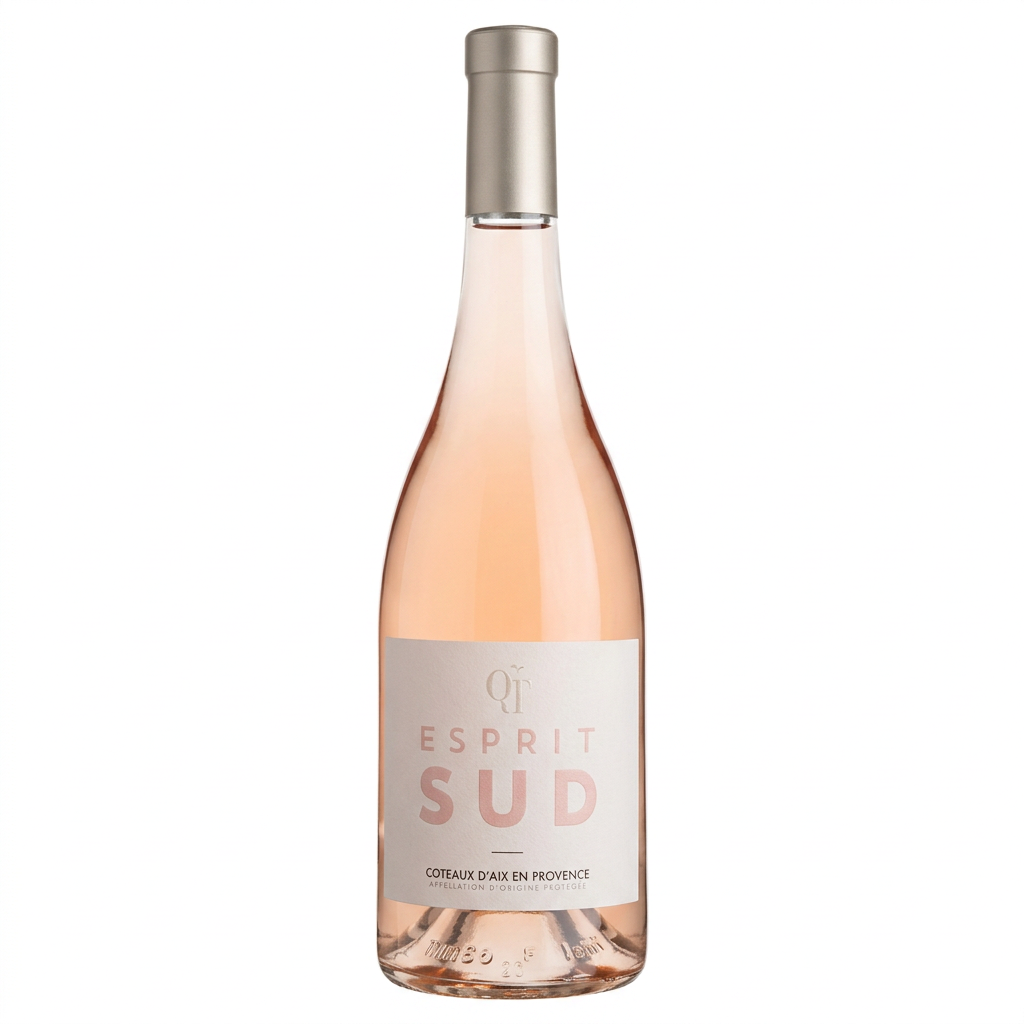 Les Quatre Tours Esprit Sud Rose wine bottle with label and glass of rosé wine, showcasing the Les brand on a plain background.