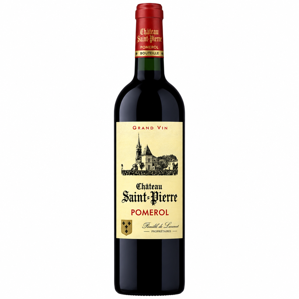 Chateau Saint-Pierre 2015 red wine bottle from Chateau with label and cork, showcasing a classic Bordeaux wine presentation.