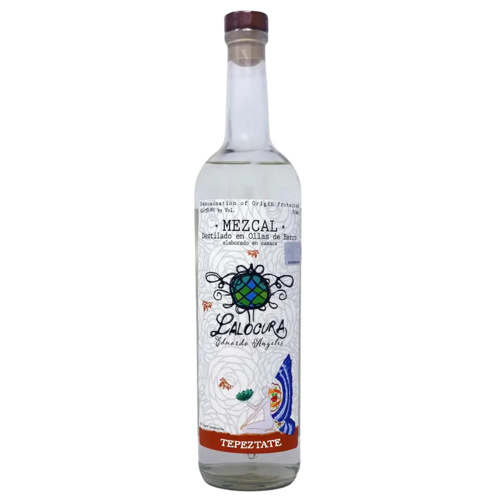 Buy Lalocura Mezcal Tepeztate, clear spirit in a tall glass bottle with decorative label