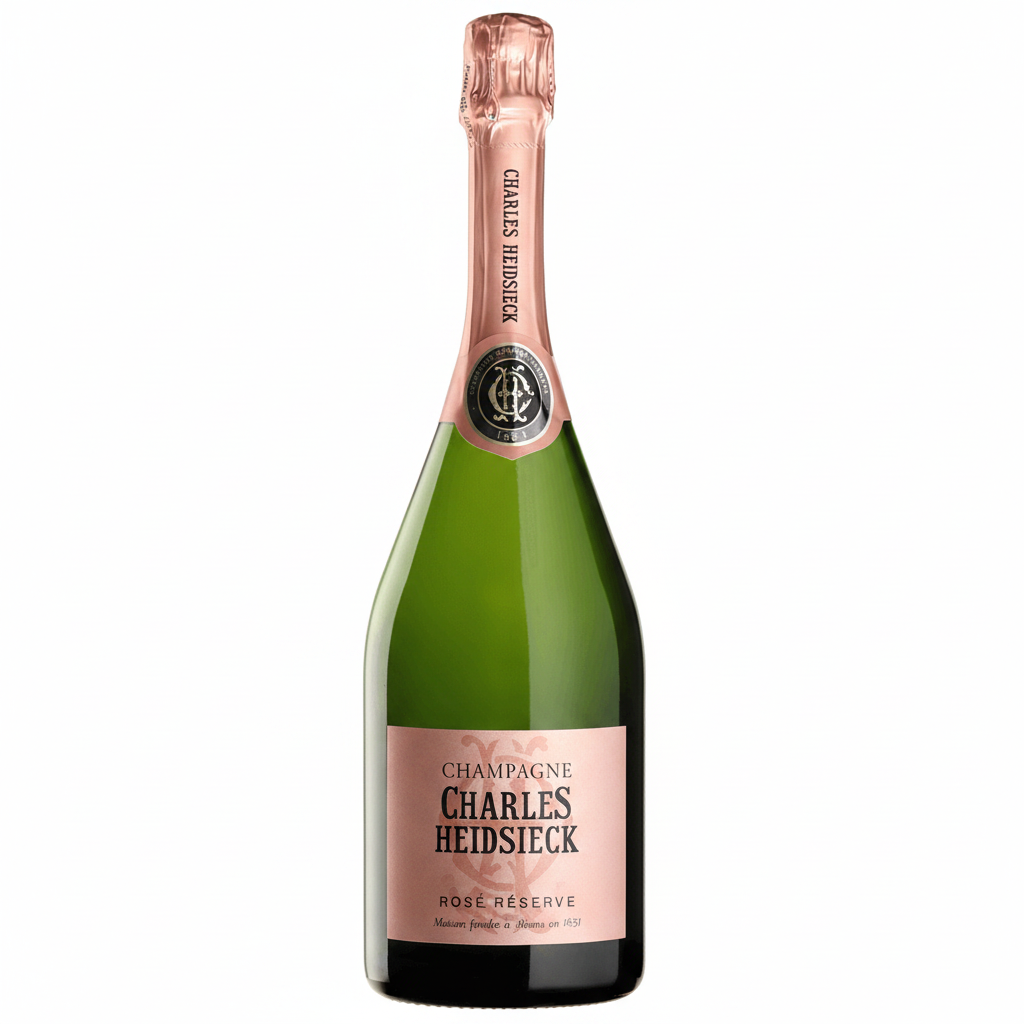 Champagne bottle of Charles Heidsieck Rose Reserve with pink-hued sparkling wine in a clear glass bottle.