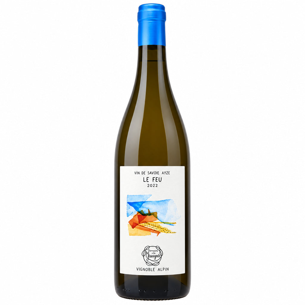 Bottle of Domaine Du Gringet Le Feu 2022 white wine with a clear label and elegant design, placed upright on a plain background.
