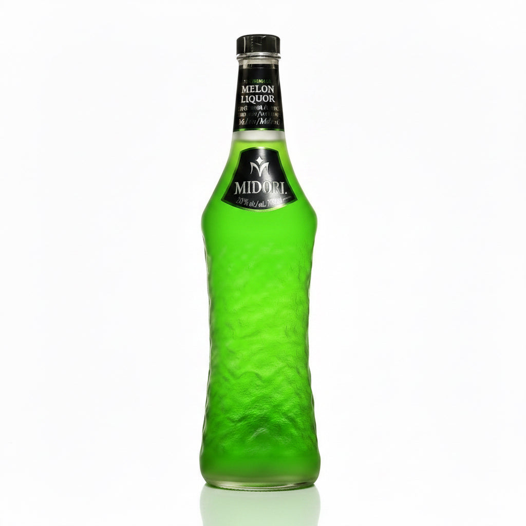 Midori melon liquor bottle, 750mL, with bright green label and clear glass showing vibrant green liquid inside.