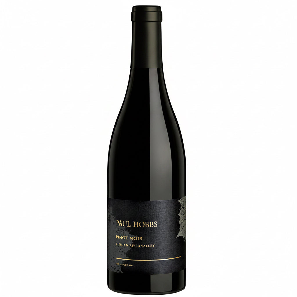 Paul Hobbs Russian River Valley Pinot Noir 750mL bottle with dark red wine in a glass, showcasing its rich color and elegant label.