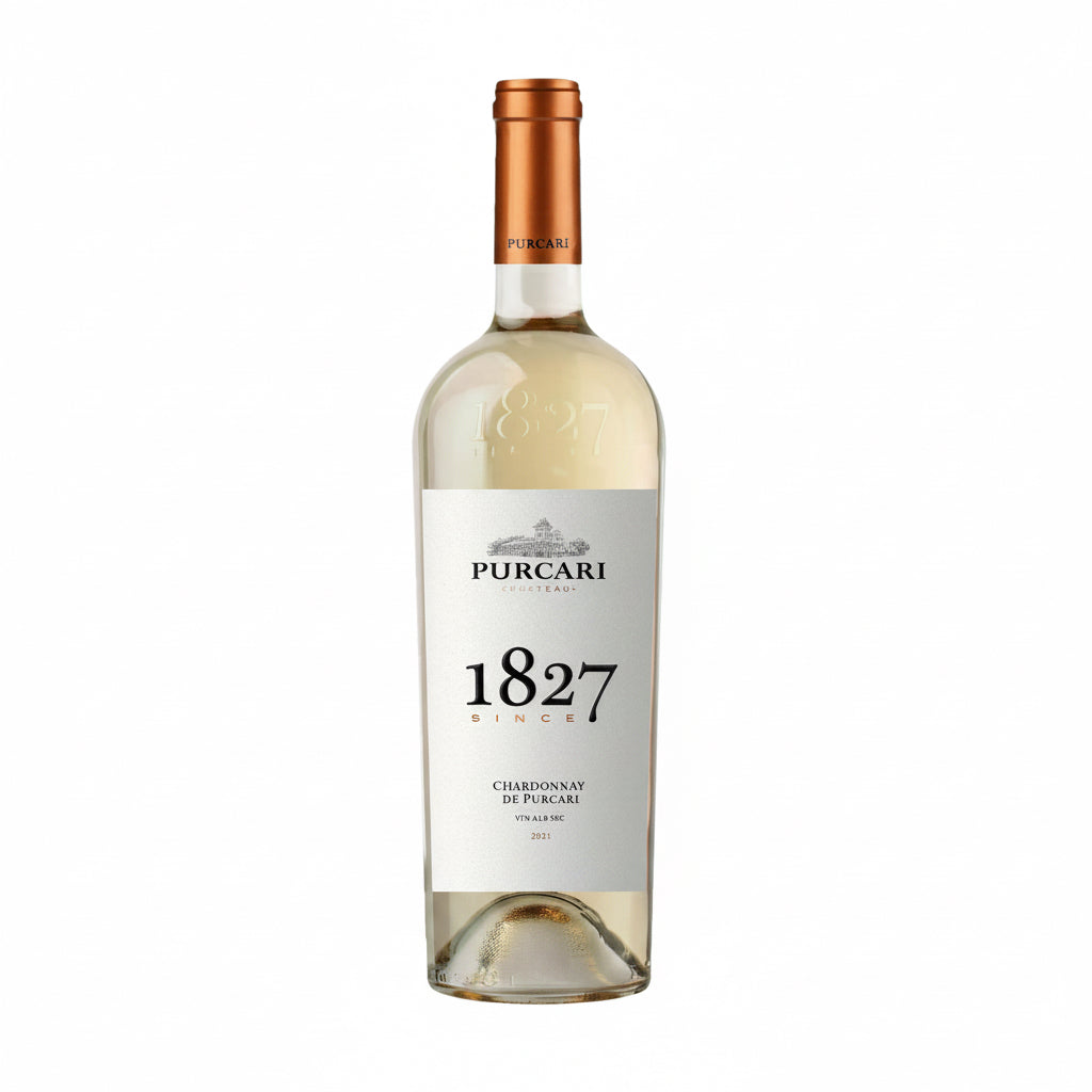 Bottle of Purcari Chardonnay wine in a 750mL bottle with a label featuring the Purcari branding.
