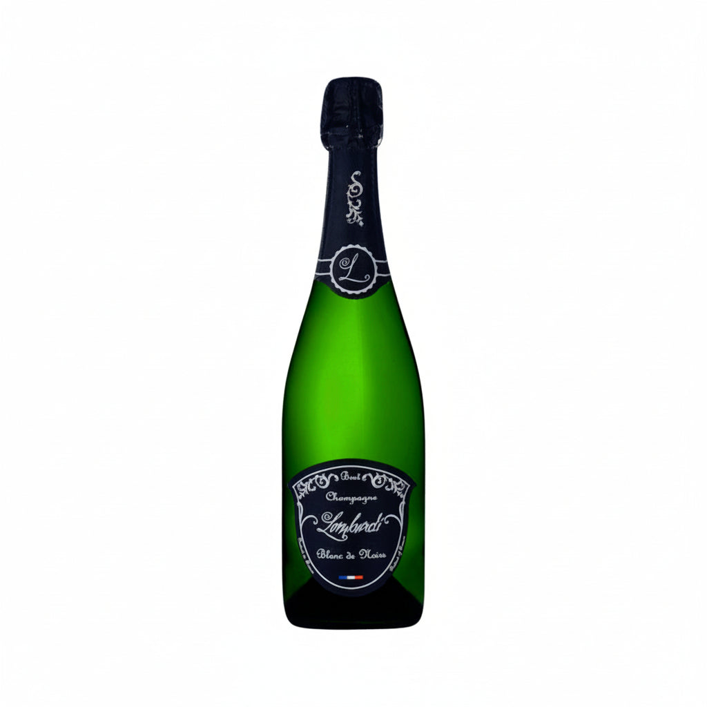 Lombardi Blanc De Noirs sparkling wine bottle with elegant label, showcasing the Lombardi brand on a white background.