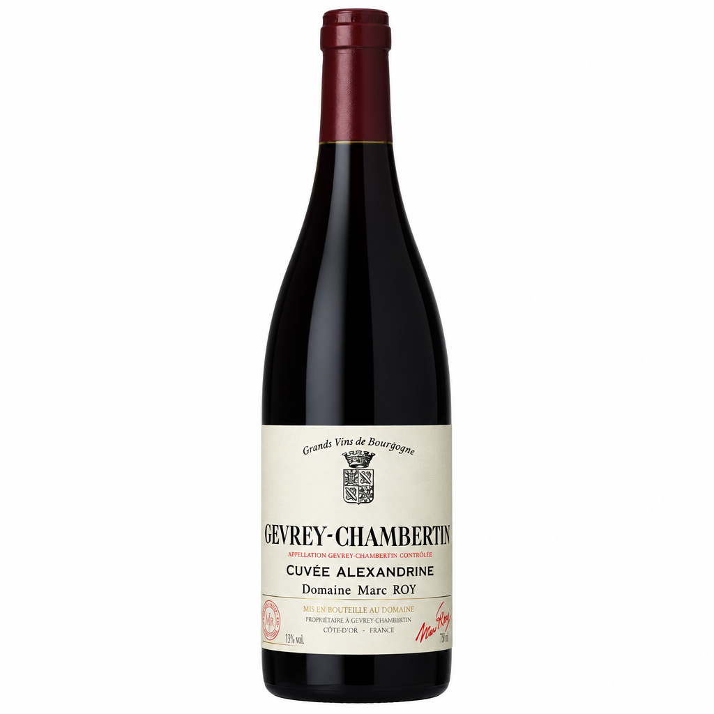 Domaine Marc Roy Gevrey-Chambertin Cuvee Alexandrine wine bottle with label and cork, showcasing elegant French wine presentation.