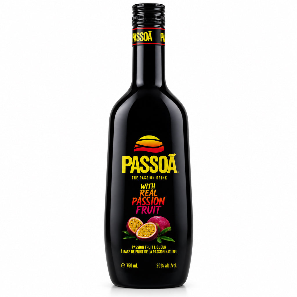 A bottle of Passoa With Real Passion Fruit non-alcoholic rum cognac, featuring a black bottle with a black cap and a label with yellow and red text and graphics, set against a plain white background.